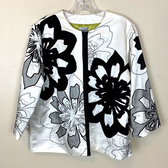 Chico's Jackets & Blazers - Chico's Jacket Silk Cotton Lined Lace Floral Black Off White Womens 2 Large